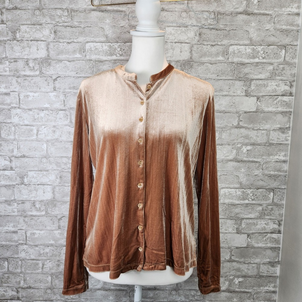 J. Jill Top Gold Velour Stretch Button Down Shimmer Luxe M